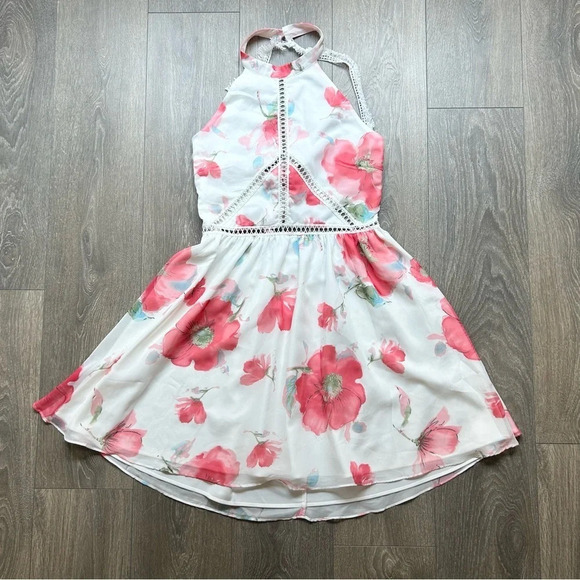Two Sisters The Label Floral Halter Mini Dress Chiffon Size Large Boho Chic - Picture 2 of 16
